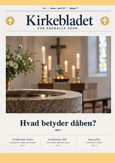 Eksempel på klassisk kirkeblad med døbefonten og alterlys på forsiden
